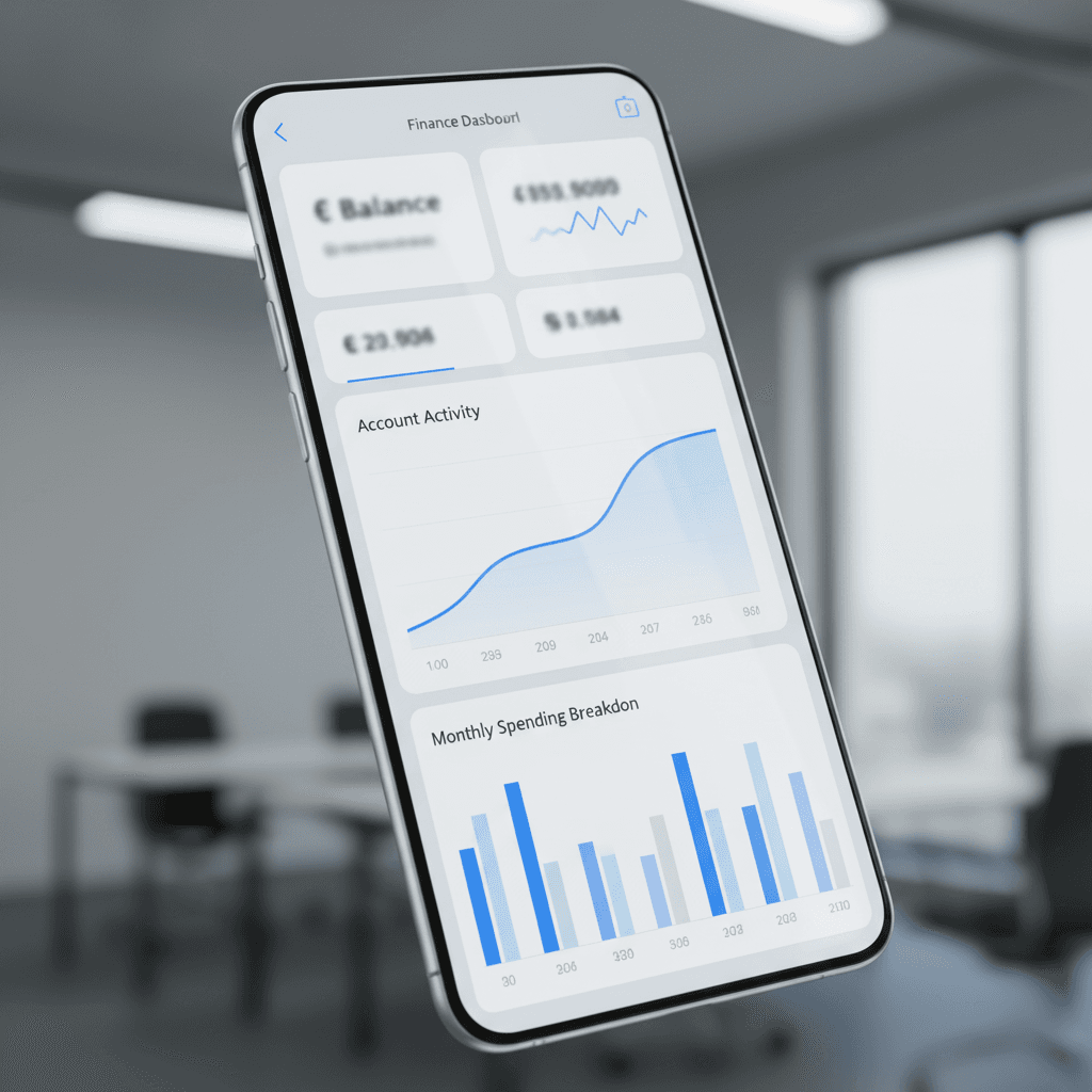 Vertical finance dashboard with charts and balances