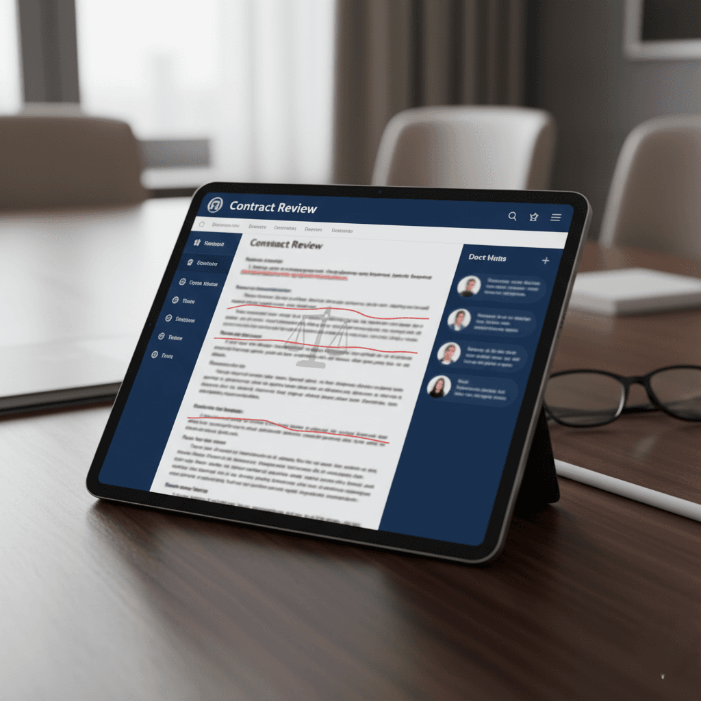Tablet contract review UI with comments for Legal Ops